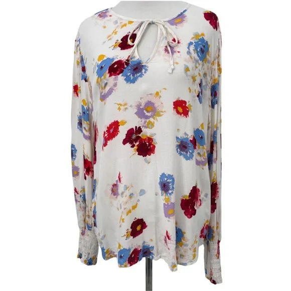 Lucky Brand SZ Large Multicolor Red Floral Blouse Bold Flower Long Sleeve Top - Picture 1 of 7